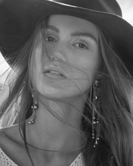 Fashion Photographer Andreas Ortner Free People Closeup Face Long Earrings Black and White Fashion Advertising